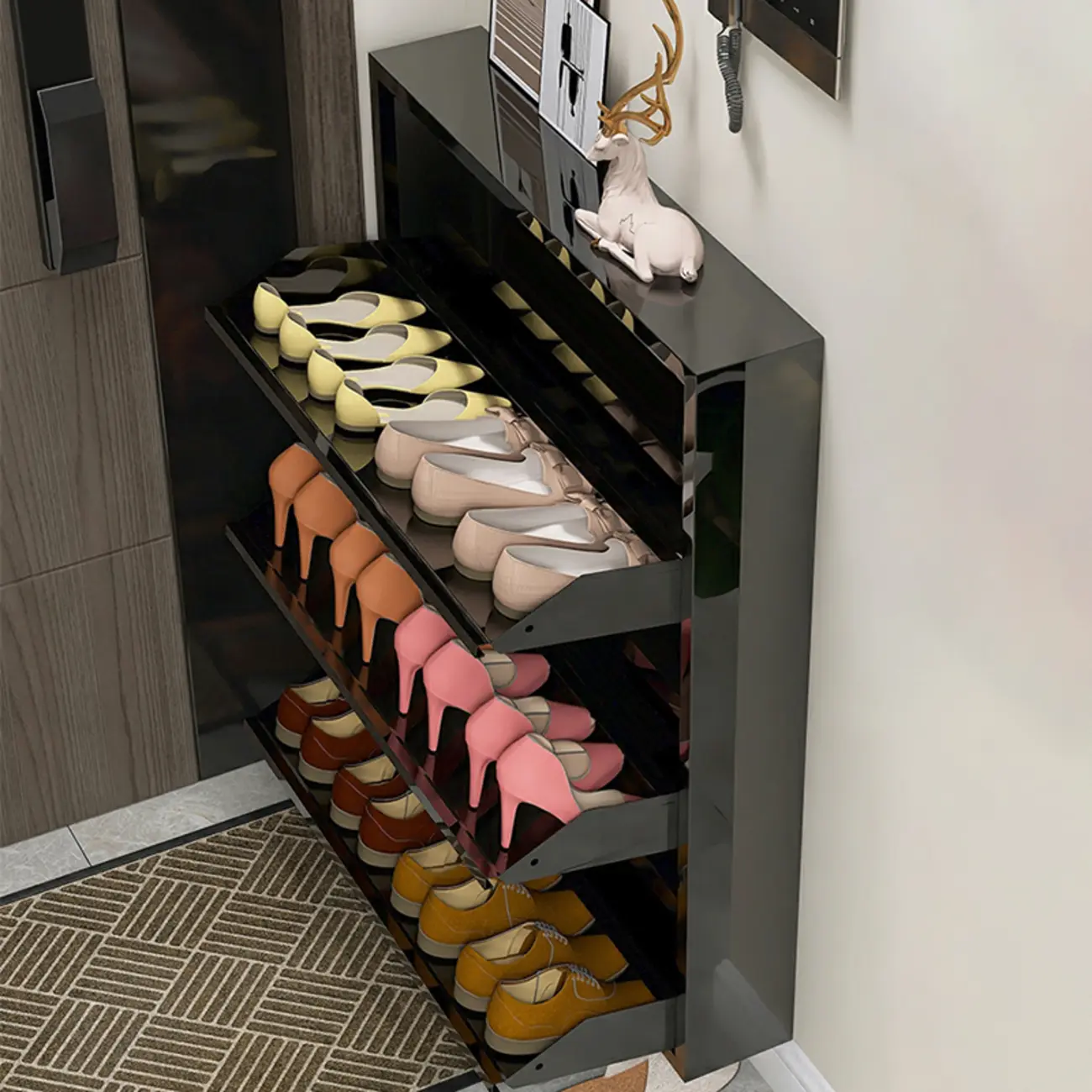 Gloss Black Wall Mounted Wooden Slim Drop Front Shoe Cabinet