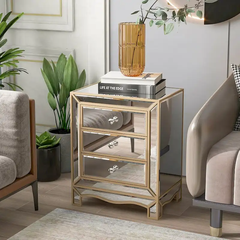 W 19.7 X D 15 X H 26 Champagne Mirror Three Extraction Cabinet, Multifunctional Bedside Table