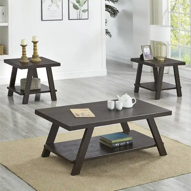 Contemporary 3-Piece Wood Shelf Coffee Table Set