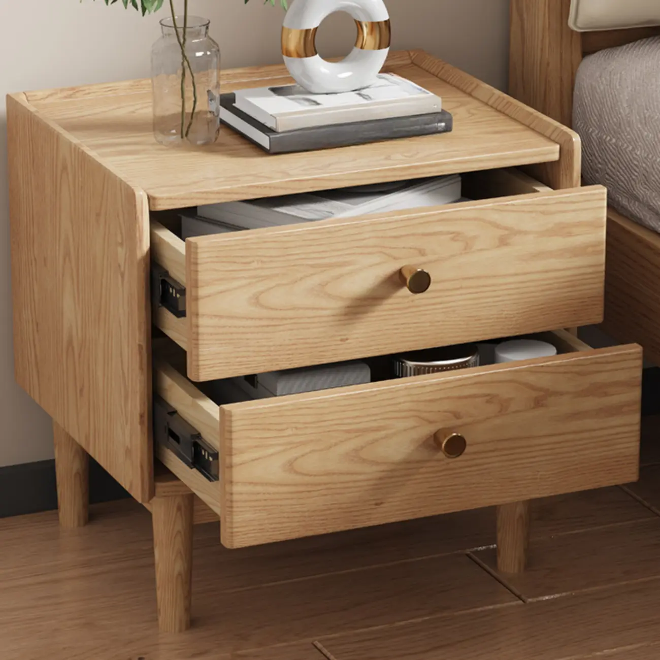 Scandinavian Brown Ash Wood 2-Drawer Nightstand