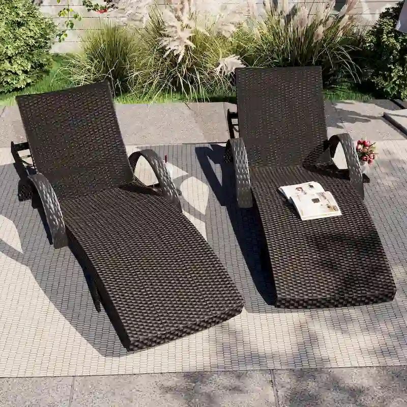 80 Wicker Chaise Lounge Chairs Set of 2,Patio Rattan Reclining Chair Pull-out Side Table Adjustable Backrest Ergonomic