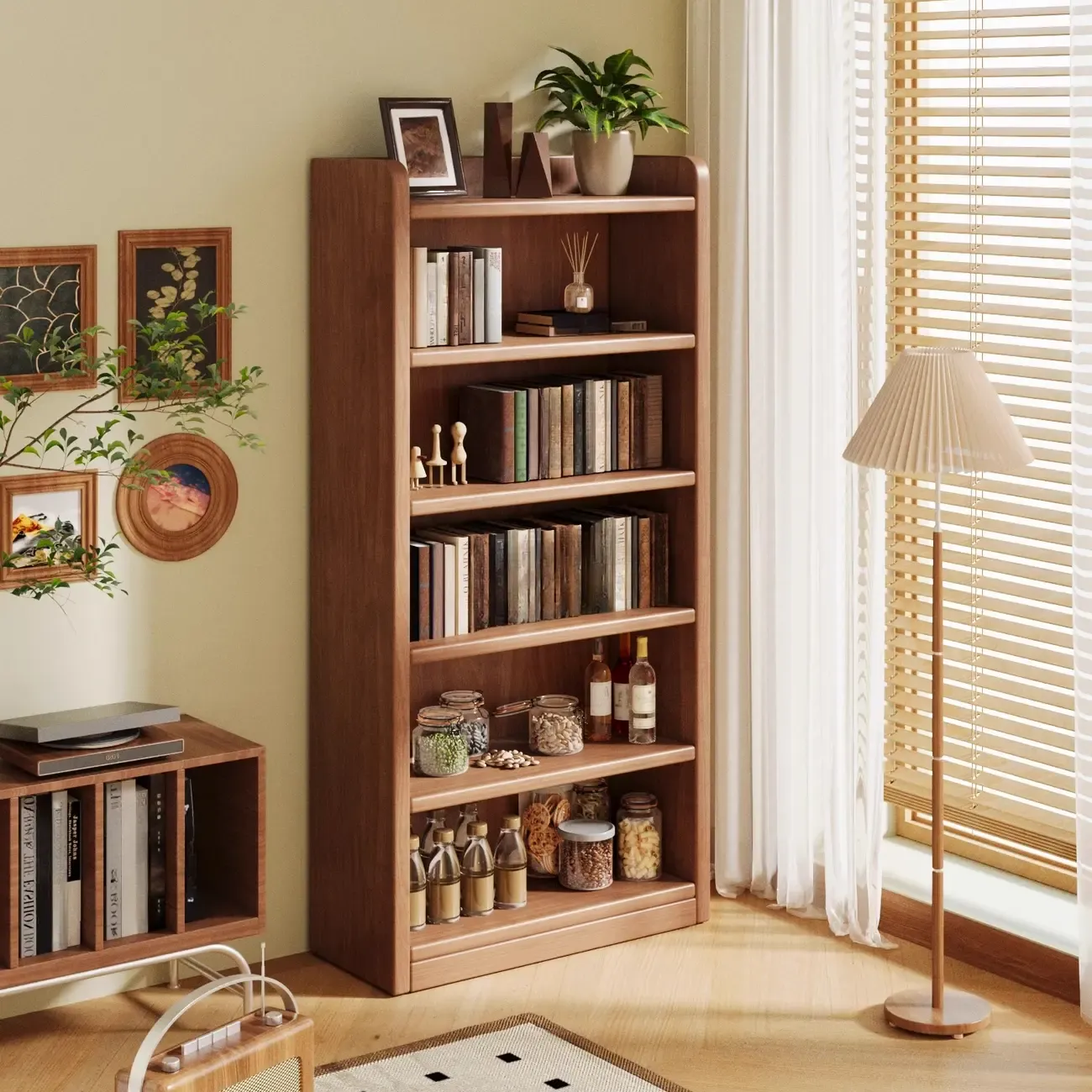 Durable Brown Wooden Vertical Open Storage 5-Shelf Bookcase
