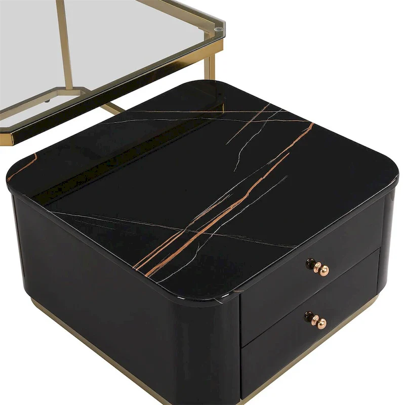 2 Pieces Nesting Coffee Table w/ Drawers & Electroplated Gold Legs