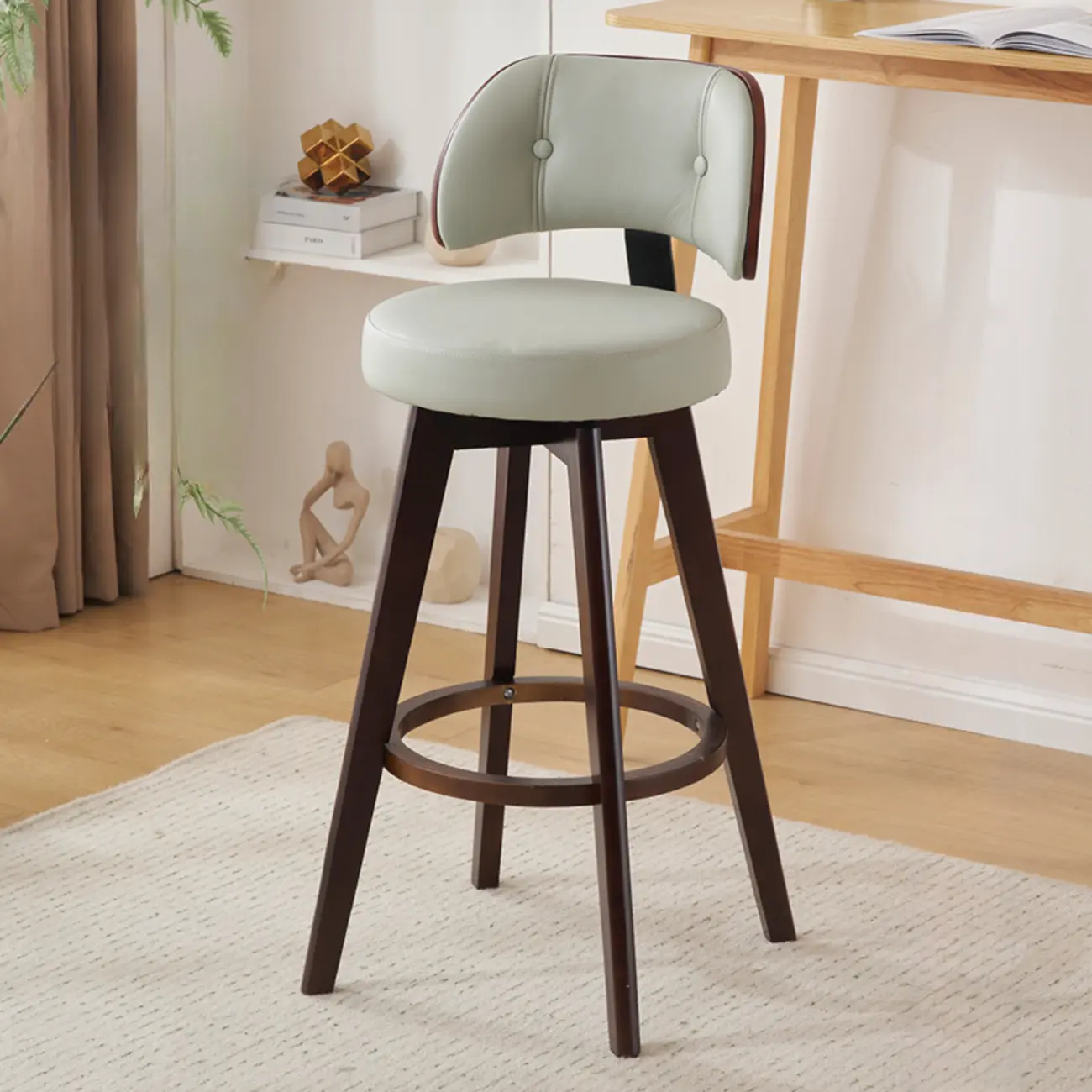 Natural Wood Round Leather Swivel Bar Stools