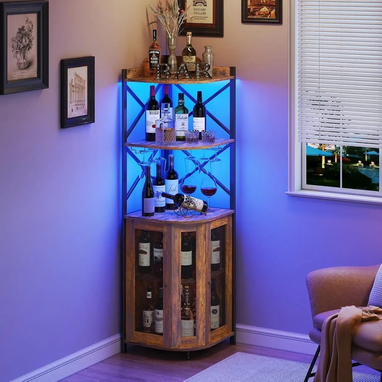 Corner Hanging Wine Cabinet with LED Light Independent Fan shaped