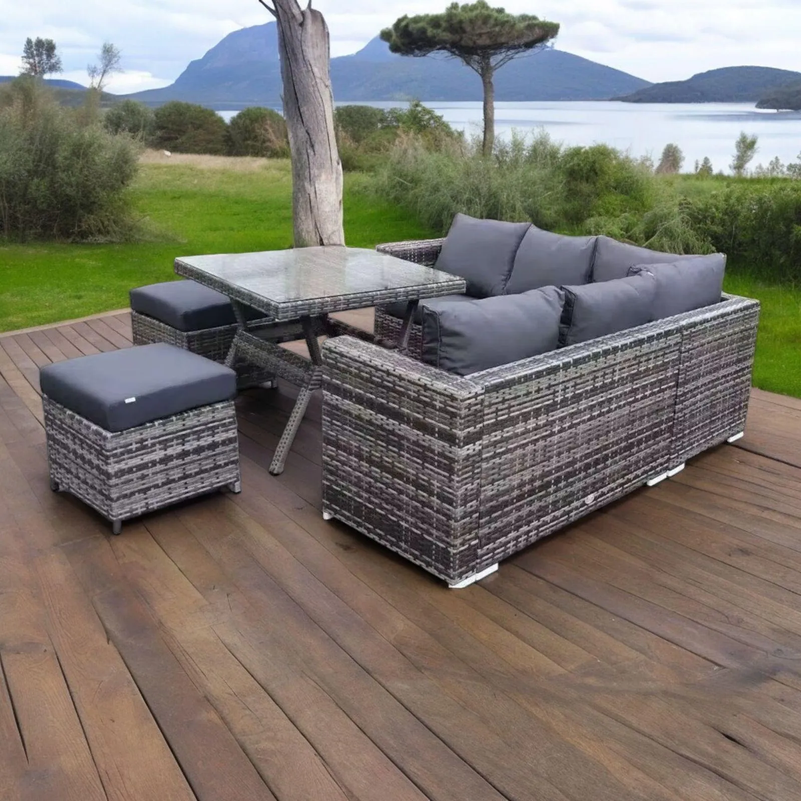 Modular outdoor furniture set arranged on a terrace.