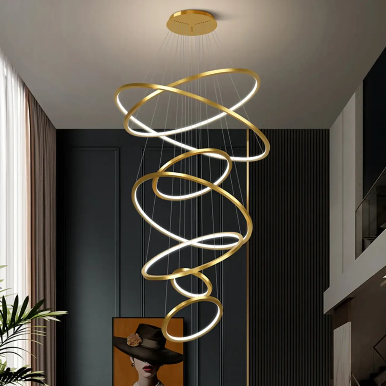 Modern Gold Ring Stairwell Chandelier Warm Light LED