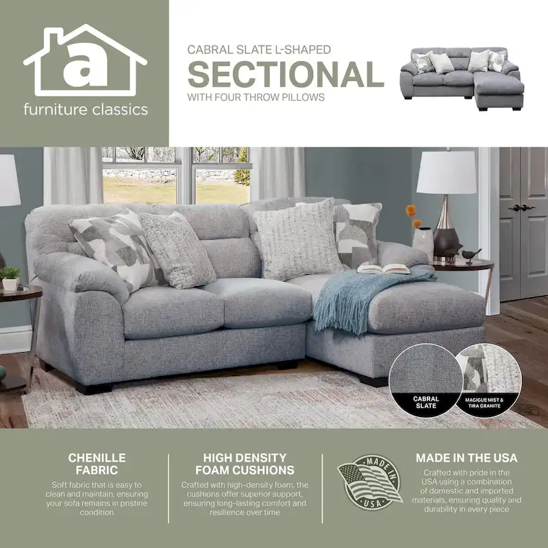 American Furniture Classics Cabral Slate Model A353V11-K2 L Shaped Sectional with 4 Throw Pillows