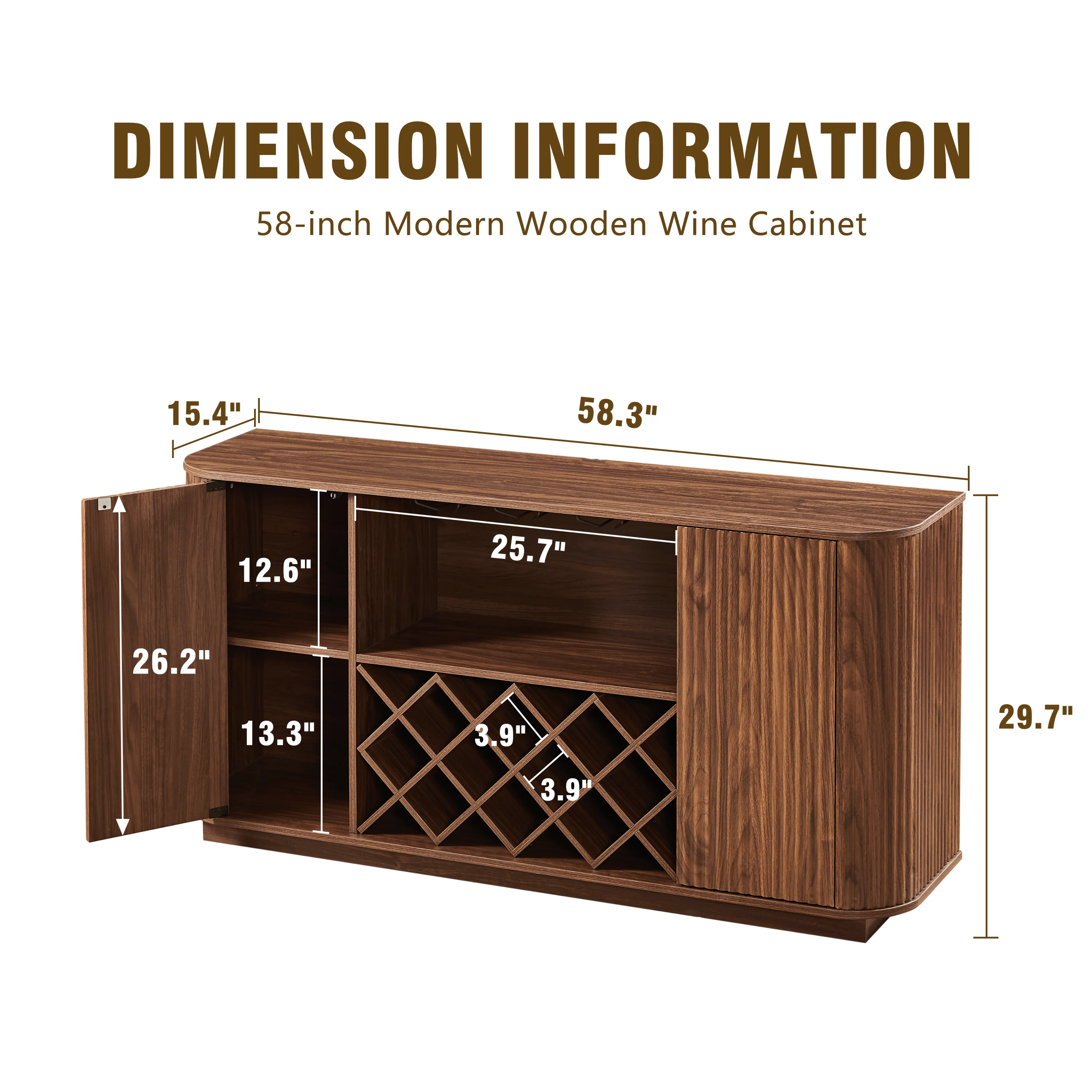 Modern Fluted Curve 58' Wine Rack Bar Cabinet / Sideboard