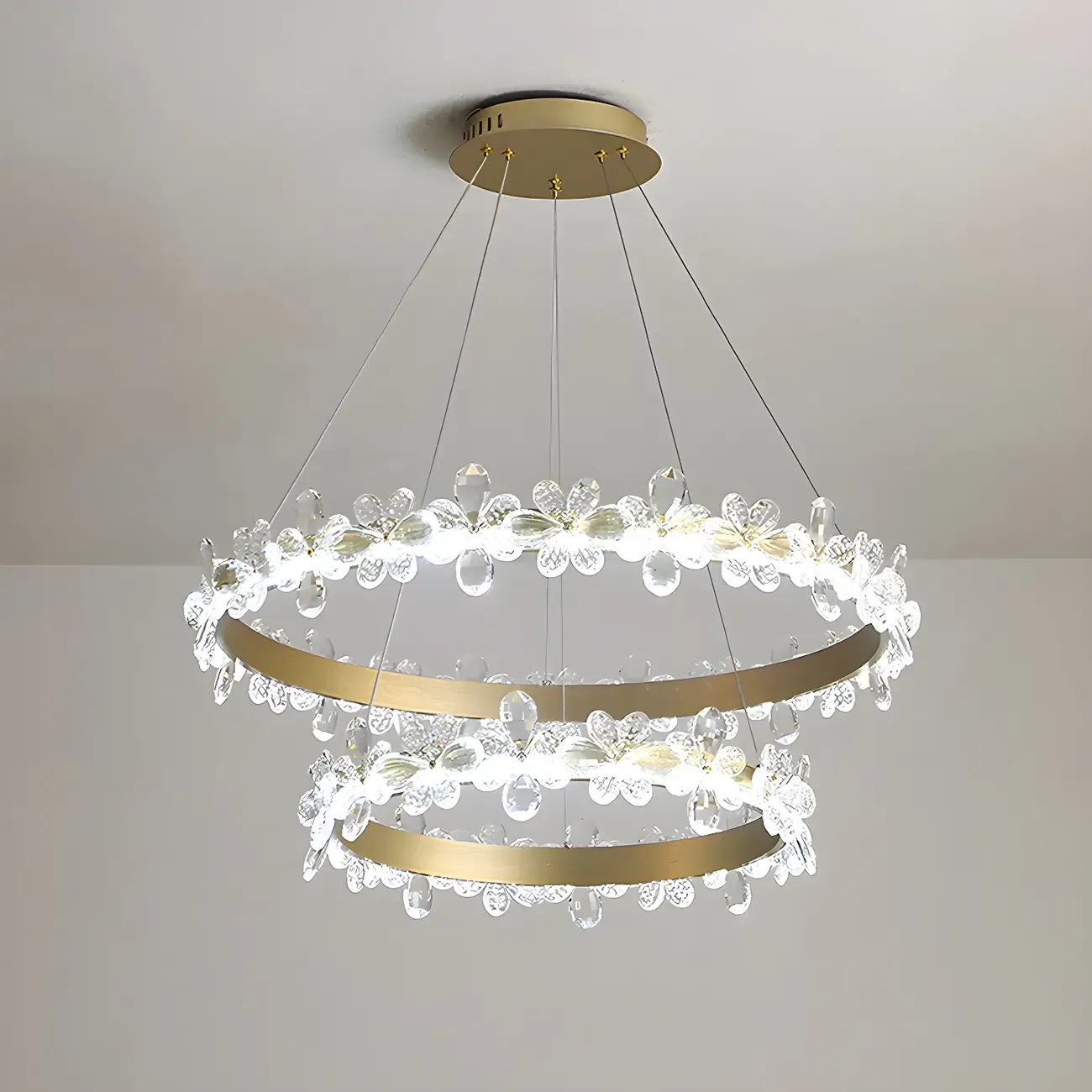 Modern Gold Dimmable LED Flower Crystal Ring Chandelier
