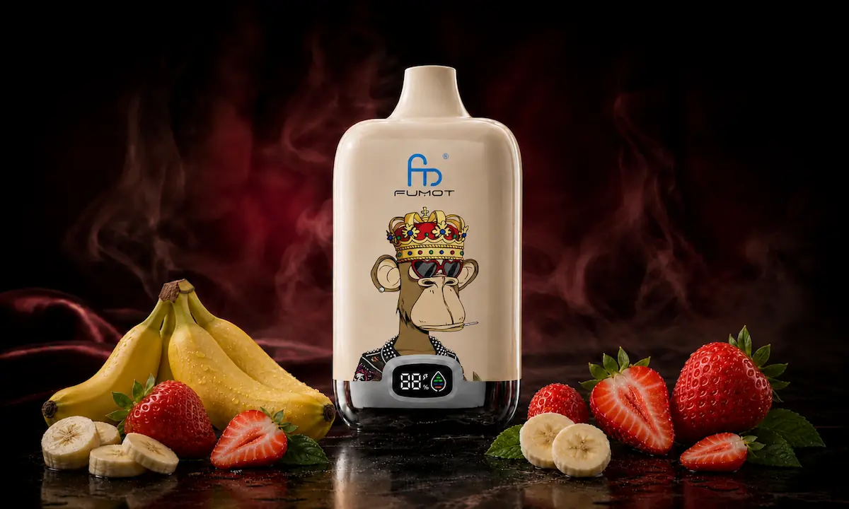 Fumot Digital Box 12000 Strawberry Banana Vape in einer dunklen Rauchszene
