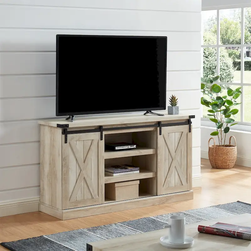 54 Farmhouse Sliding Barn Door TV Stand for TV up to 60 Inch Flat Screen