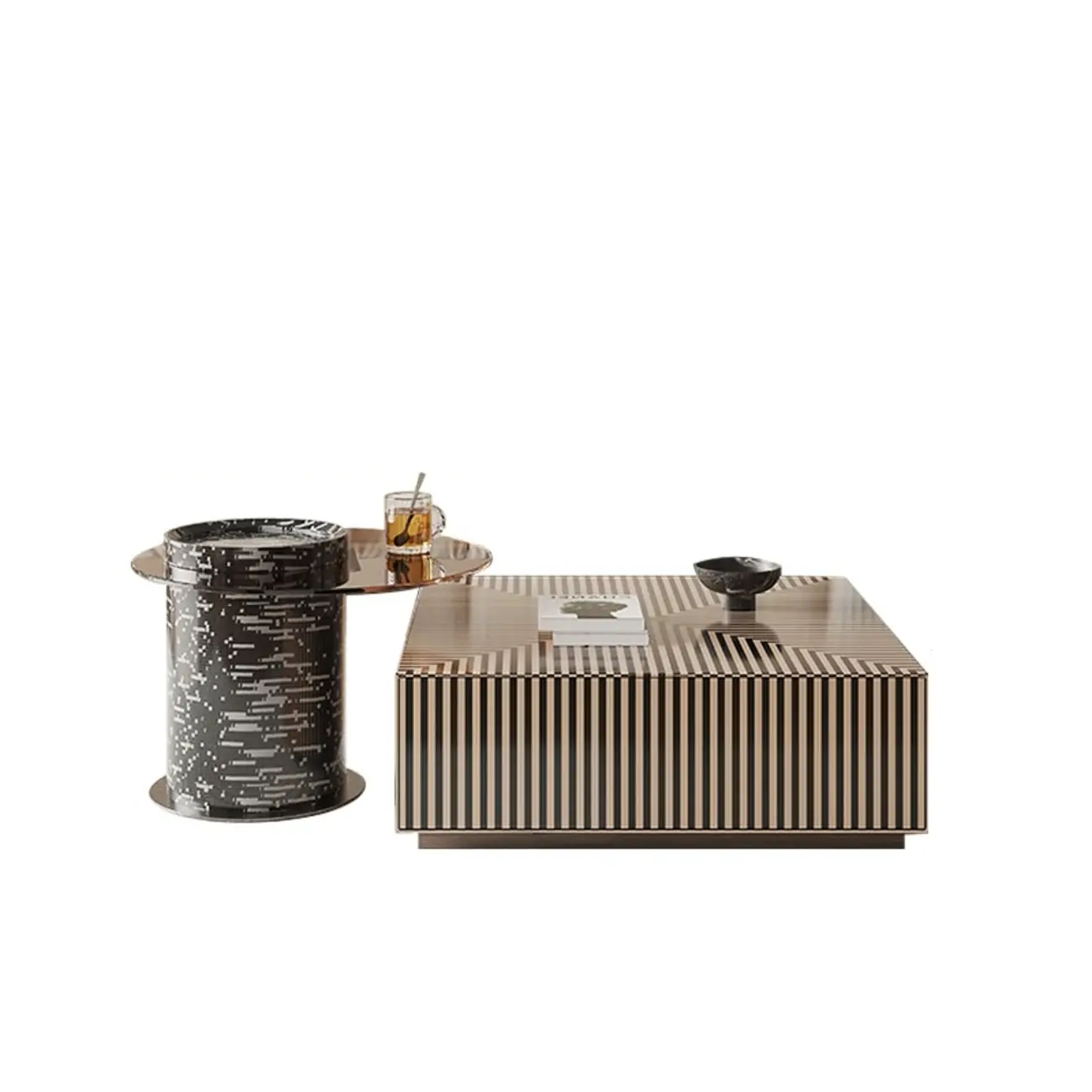 Black and White Stripe Wooden Round Coffee Drawer Table