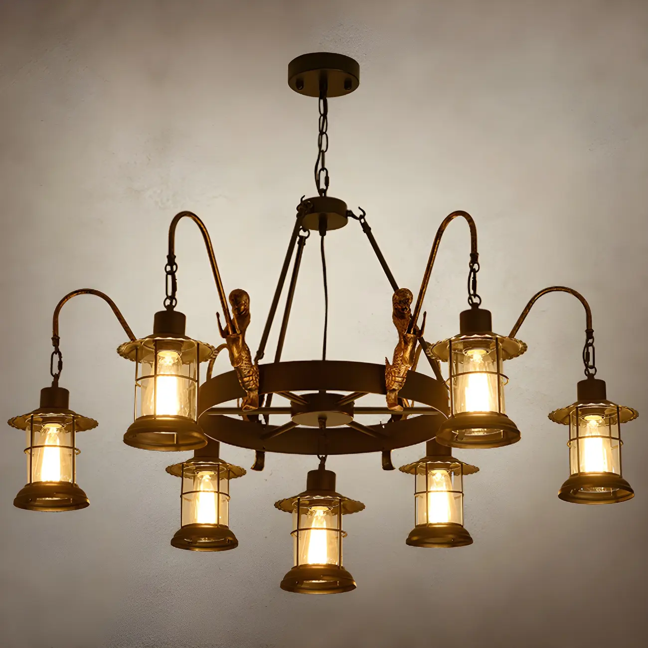 Industrial Black Metal Lantern Wheel Chandelier