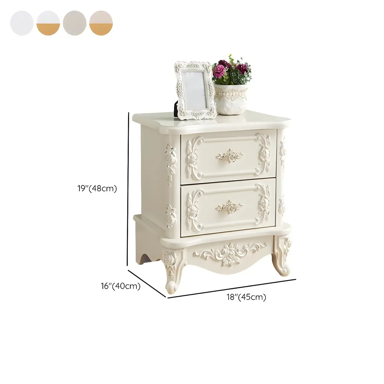 Traditional White Wood Carved 3-Drawer Nightstand