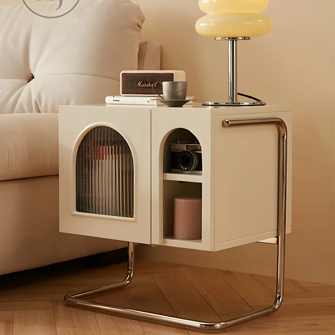 Narrow Cubic Wooden Black Nightstand in Steel Base