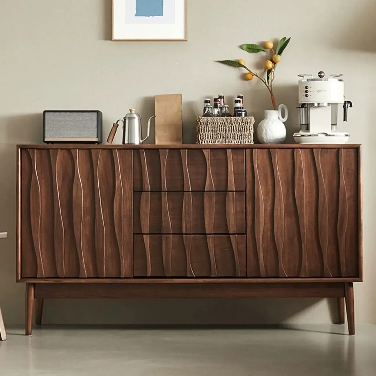Scandinavian Brown Solid Wood Buffet Table with Drawers