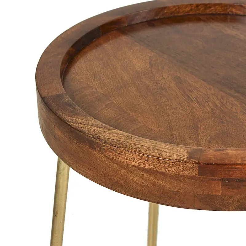 Gold Iron And Natural Wood Round Accent Table by East at Main