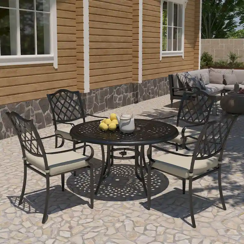 Cast Aluminum 5-Piece Outdoor Patio Dining Set with Table and Chairs
