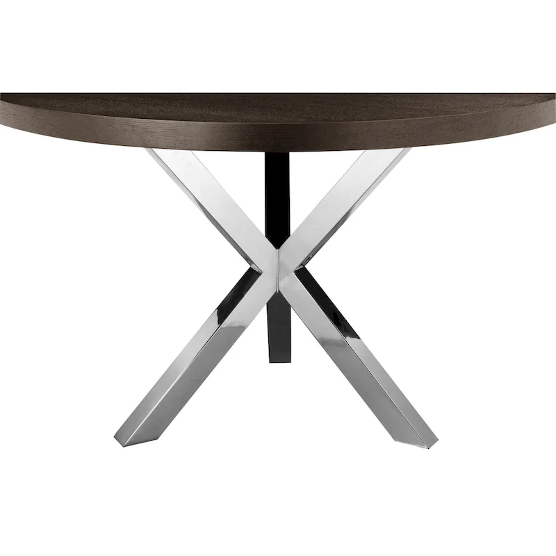 Emi 47 Inch Round Dining Table, X- Cross Brushed Steel, Dark Brown Wood