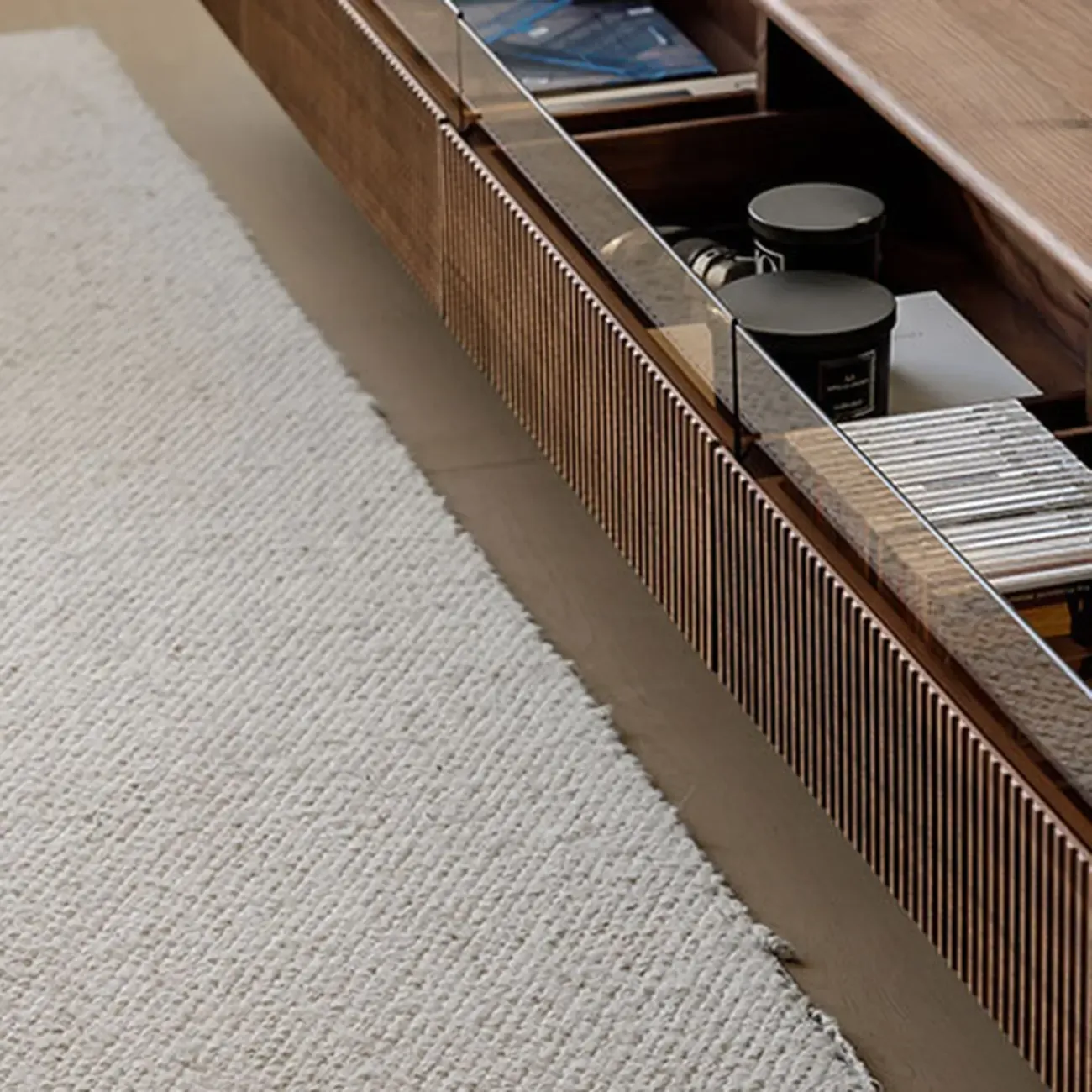94.5 Long Brown Wood Walnut Fluted TV Stand with Drawers