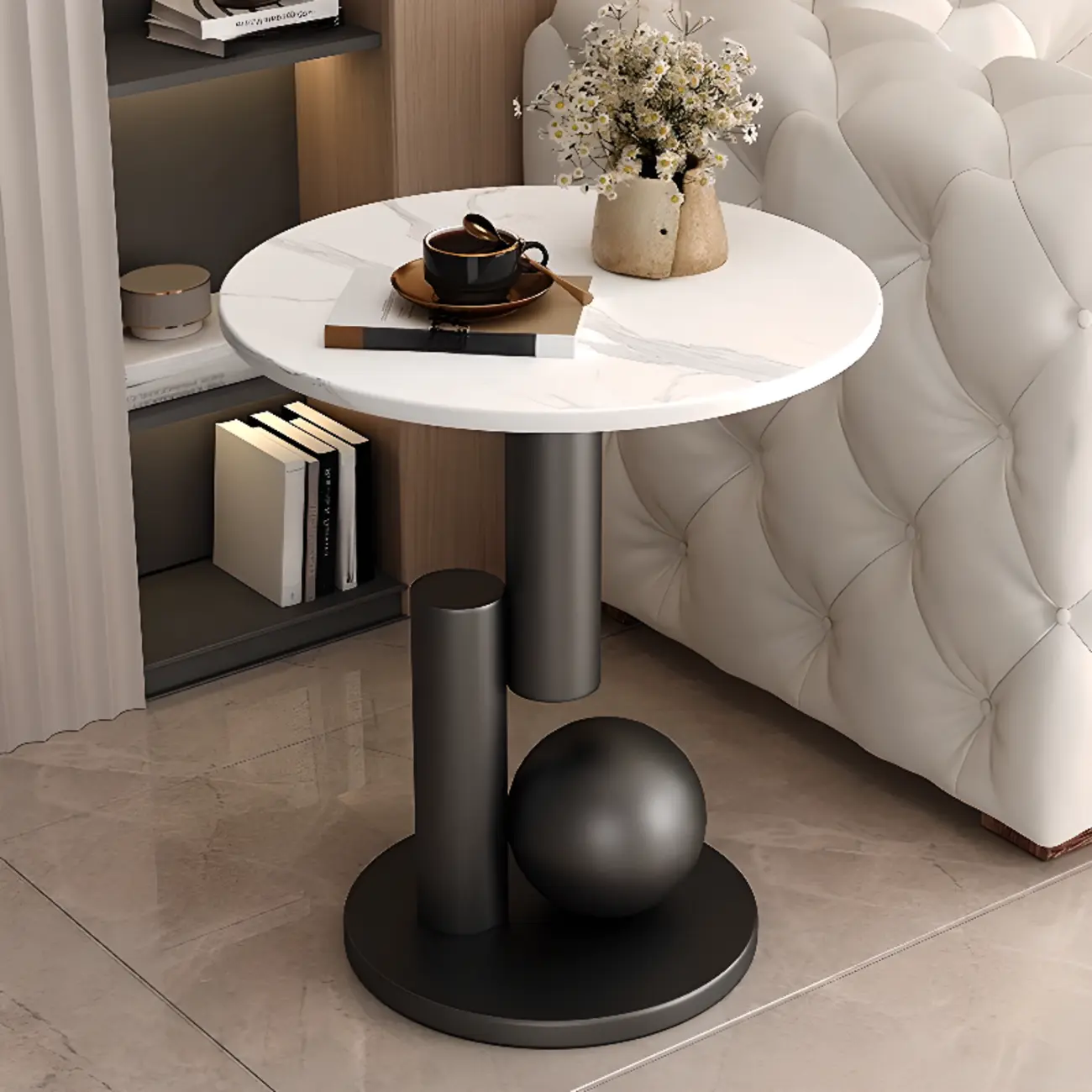 Glam Round Stone Top End Table Abstract Base