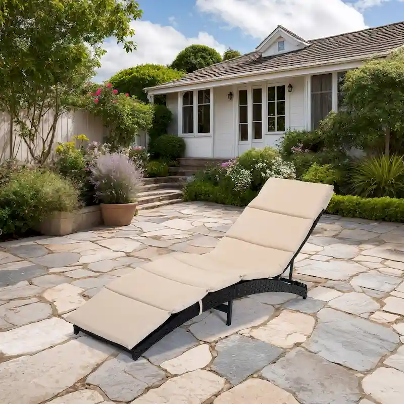 Foldable Patio Lounge Chair, Outdoor Rattan Lounger Chaise