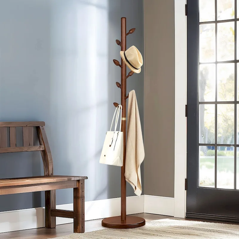 Rubberwood Freestanding Coat Rack, Coat Tree with 8 Bud-shaped Hooks - 15.75Dia. x 72.44H