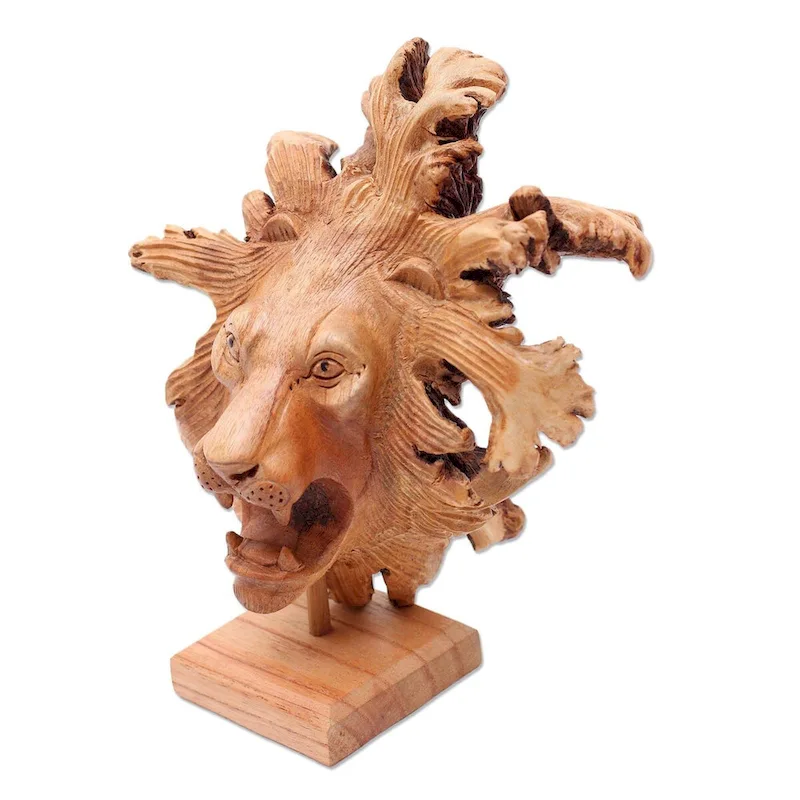 NOVICA Emerging Lion, Wood sculpture