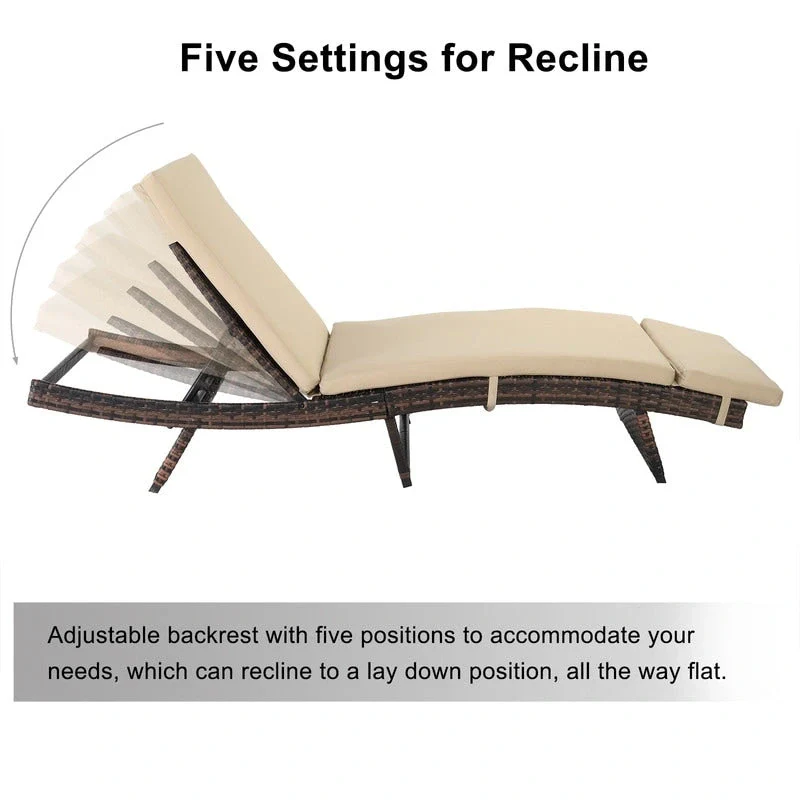 Patio Garden Single Wicker Chaise Lounge with Cushion - 1Lounge -Chair