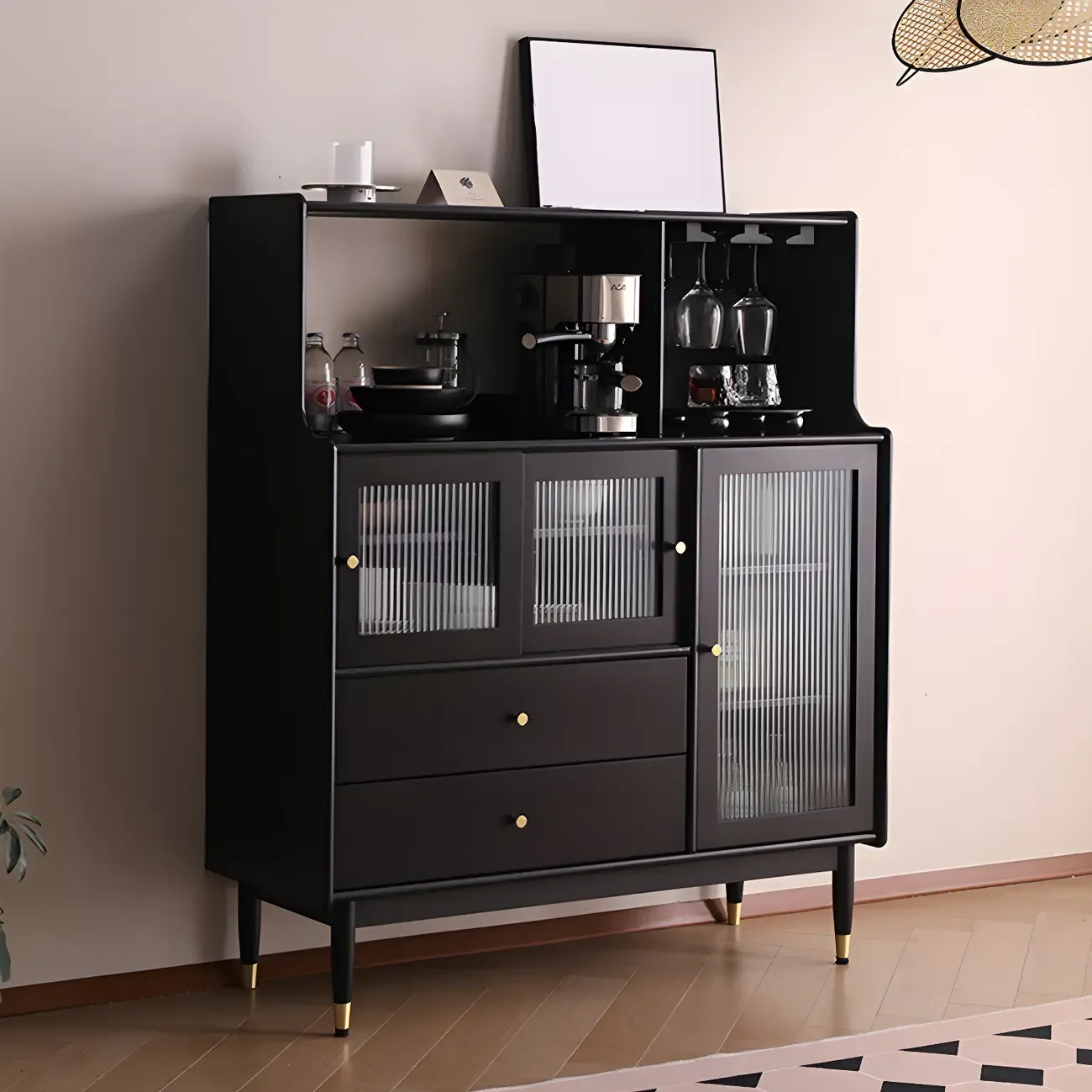 Modern Black Freestanding Wine Rack Large Storage for Living Bar