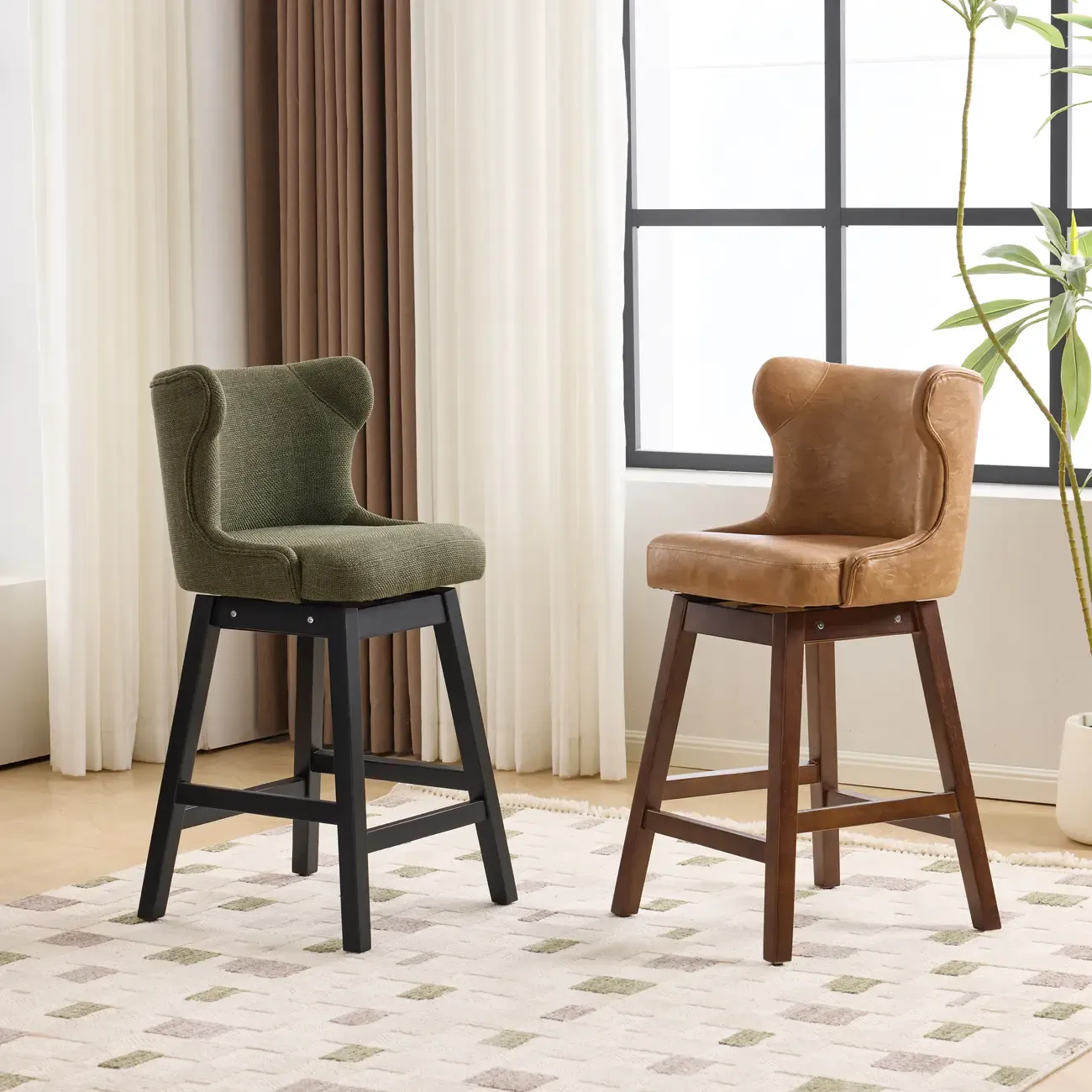 Set Of 2 Bar Height Mid-century Modern Upholstered Bar Stools