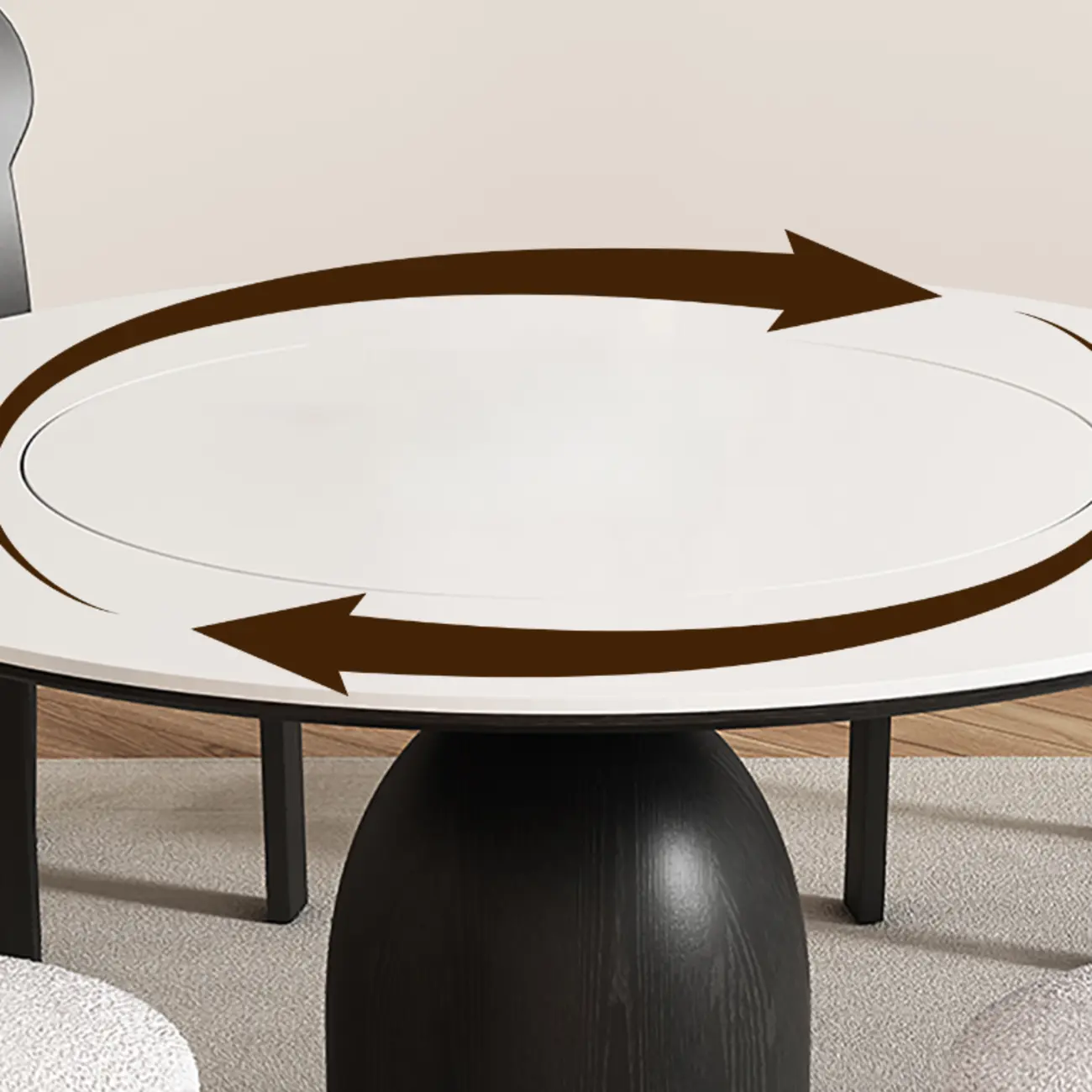 Simple Black Wood Round Stone Dining Table