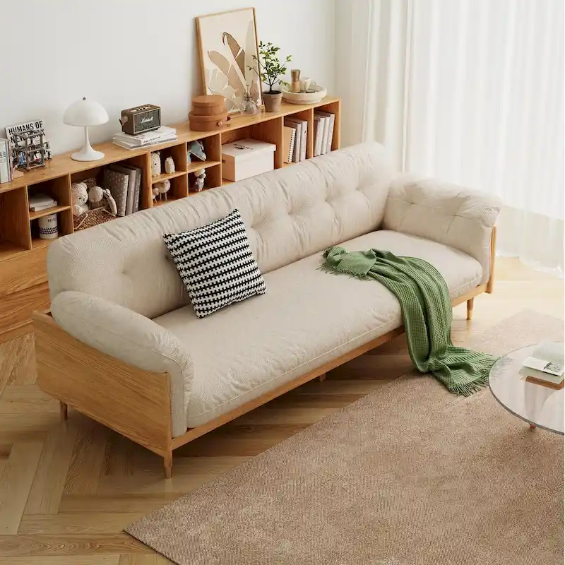 JASIWAY Modern 3-Seat Upholstered Cotton Linen Sofa,Beige