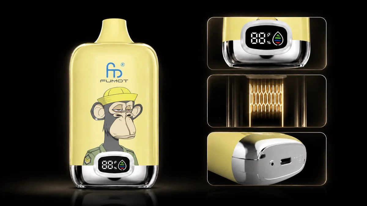 Fumot Digital Box 12000 Lemon & Lime Vape Funktionsdetails mit Display, Mesh Coil und Ladeanschluss