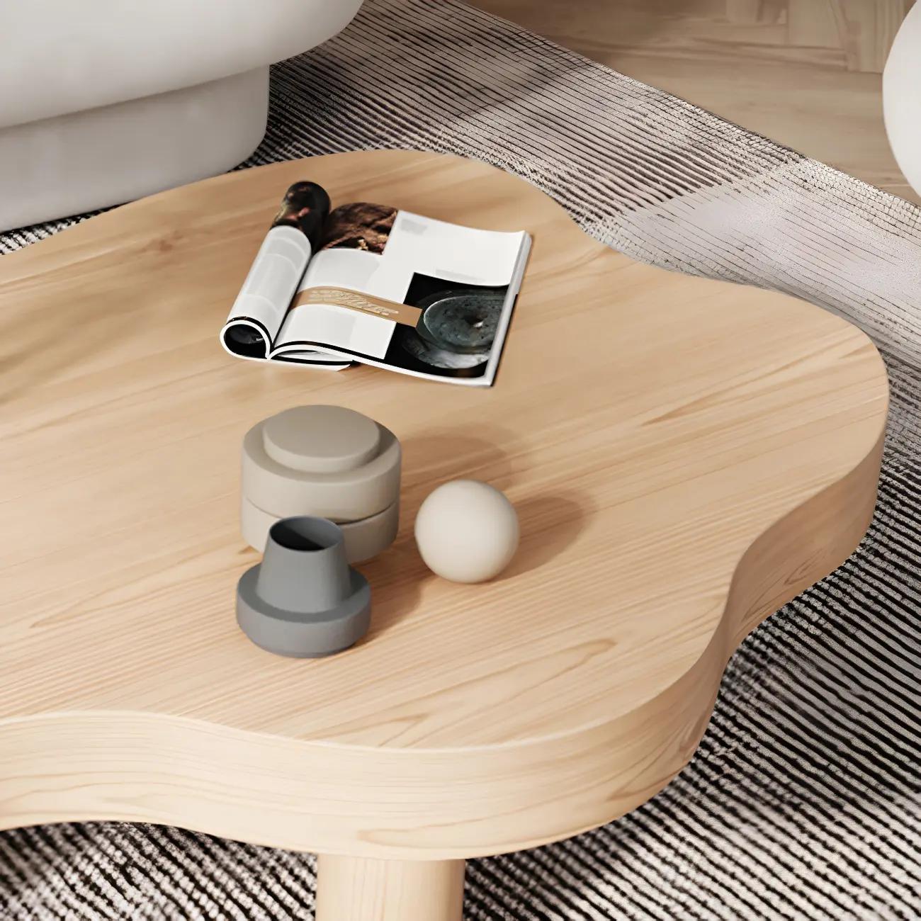 Natural Cloud-Shaped Pine Coffee Table with 3 Legs