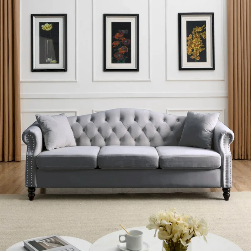 79 Chesterfield Sofa Grey Velvet for Living Room, 3 Seater Sofa Tufted Couch with Rolled Arms and Nailhead