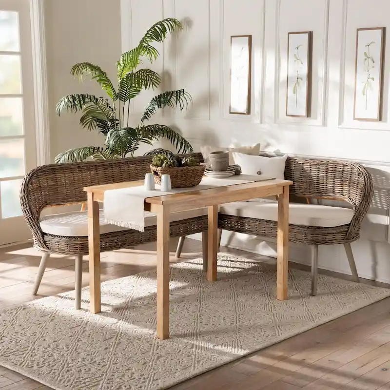 Raisa Modern Bohemian Natural Kubu Rattan Bench and Wood Table Dining Nook Set