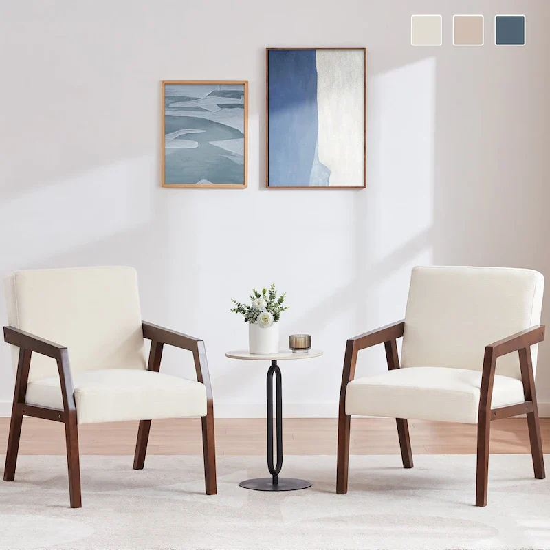 HUIMO Set of 2 Accent Armchair Solid Wooden Brownness/ White/ Blue Upholstered Mid-Century Modern Accent Chair for Living Room