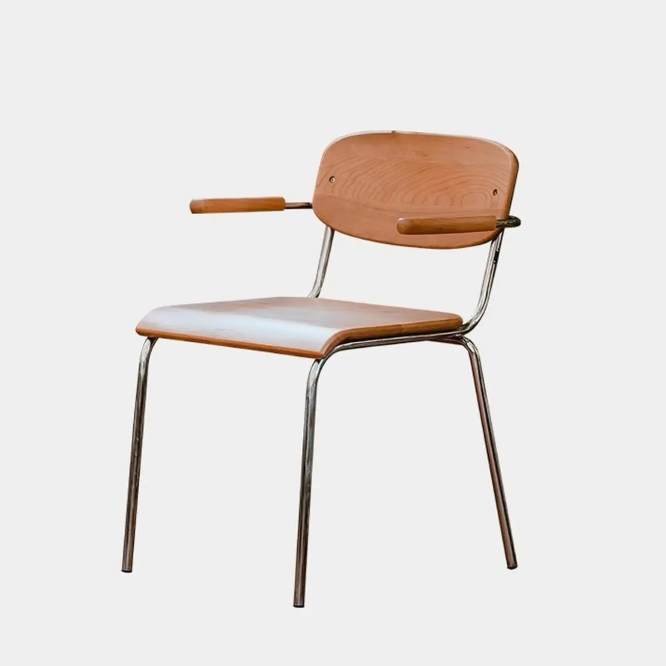 Retro Wooden Dining Chair with Armrests & Chrome Frame