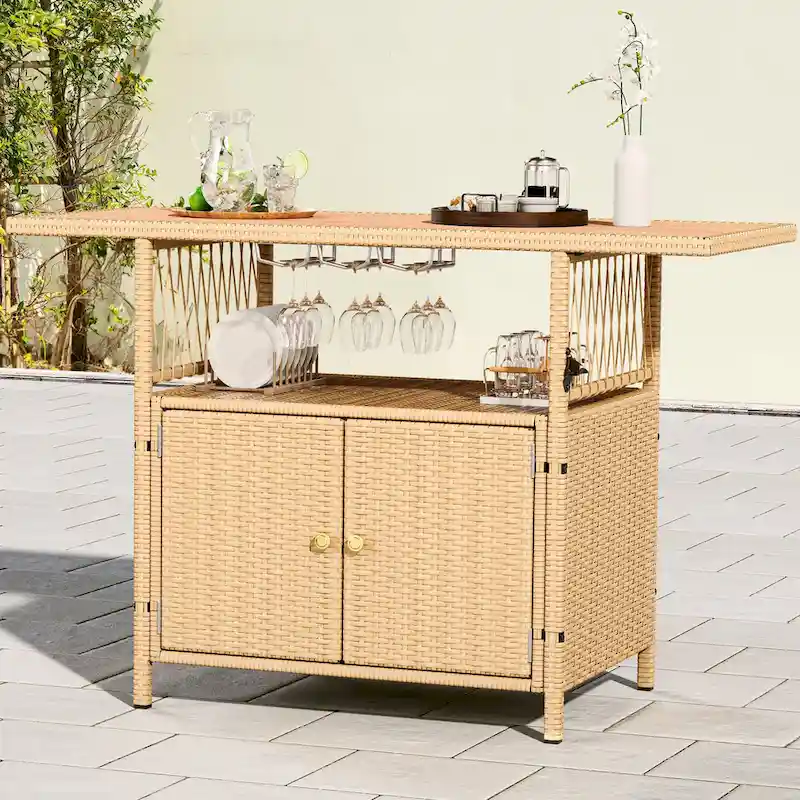 Moasis Outdoor Storage Cabinet Patio Wicker Bar Counter Backyard Furniture w/Plastic Wood Tabletop - 50.4  L x20.9  W x 33.9  H