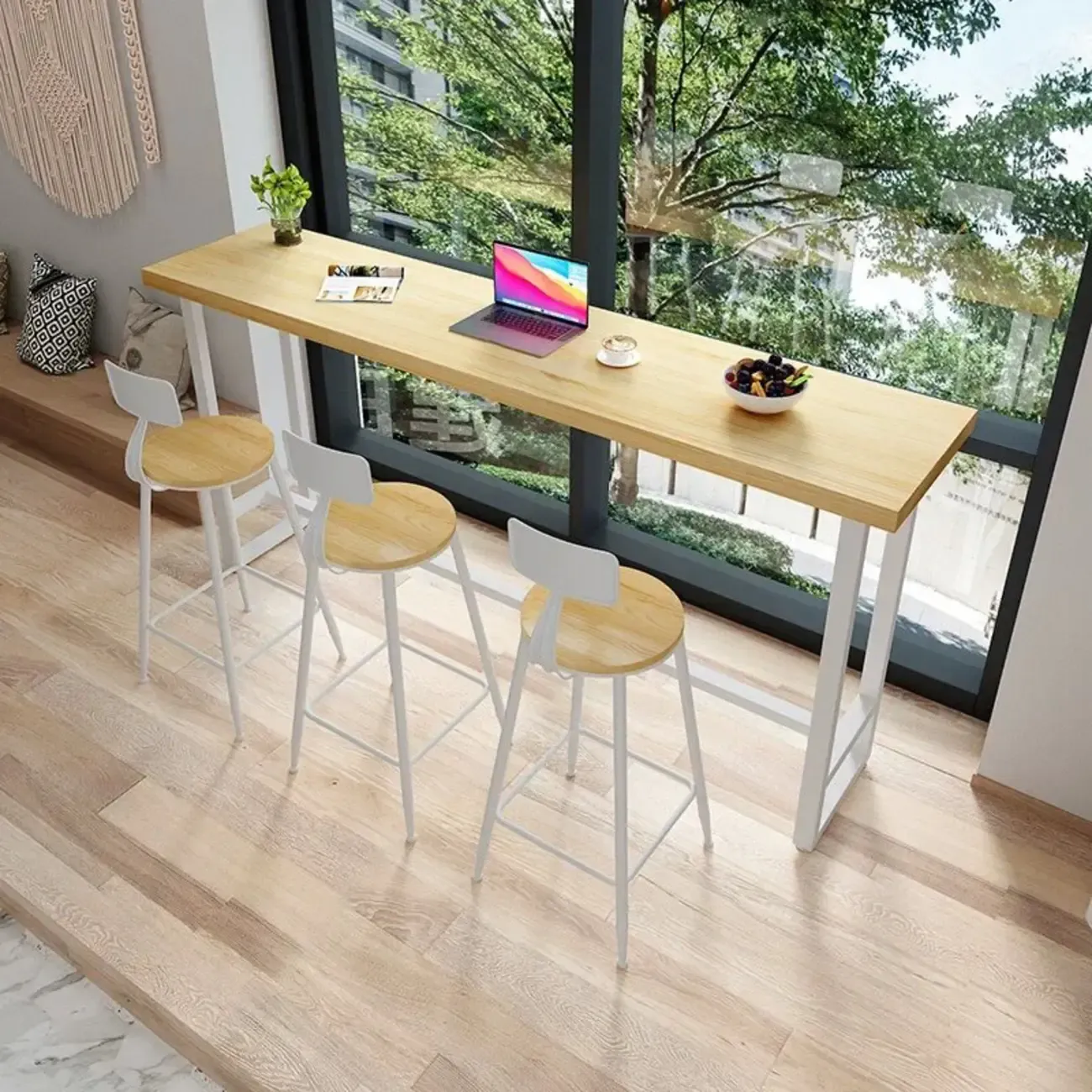 Modern Rustic Pine Wood Top Iron Base Bar Table