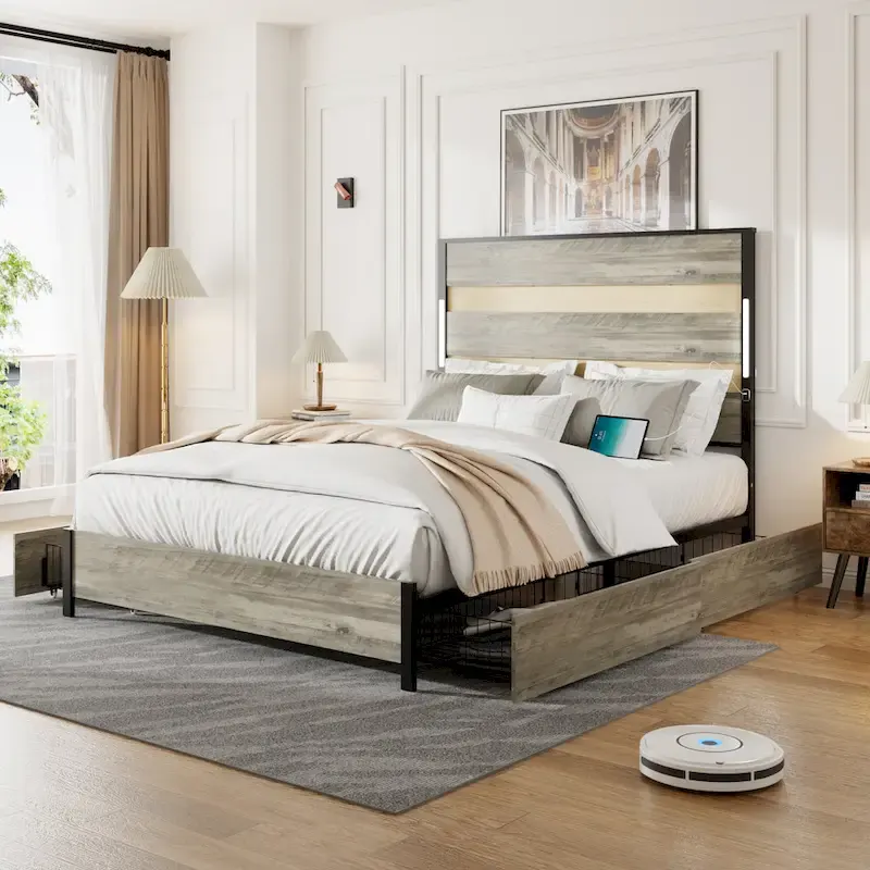 Queen Size Metal Platform Bed with Charging Station and 4 Drawers