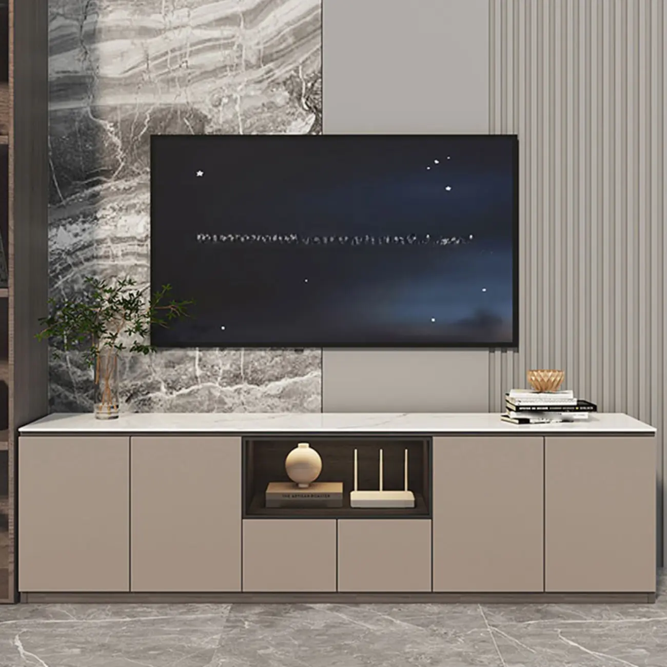 94 Dark Gray Stone Long Cabinet TV Stand with LED Lights