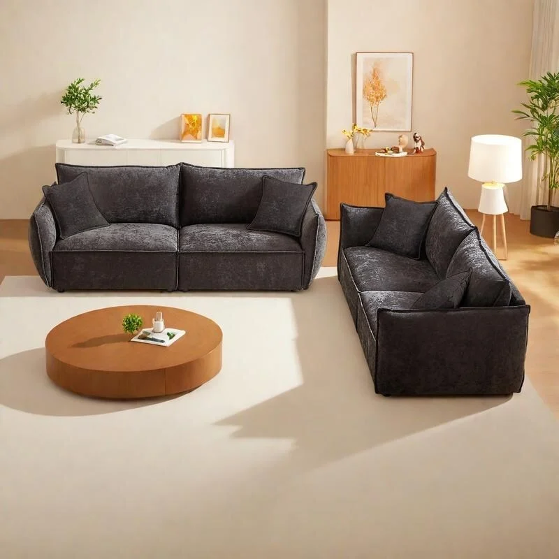 Linen 6-Seat Modular Sofa Set with 3+3 Seater Combo and Wooden Frame & 4 Pillows