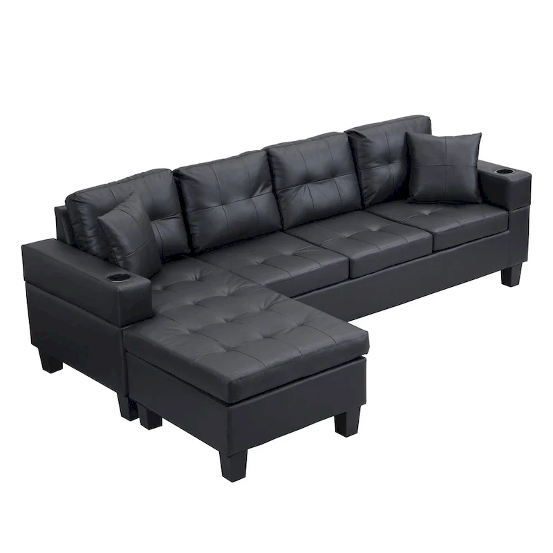 Black 96.06 Modern L-Shaped 4 Seater Sectional Sofa with Chaise Lounge, Cup Holders, and Throw Pillows