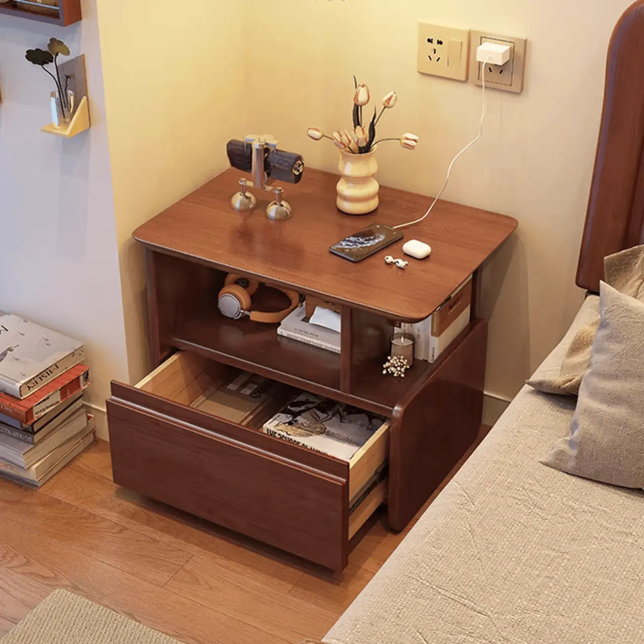 Classic Wooden Nut-Brown Nightstand with Drawer & Shelf