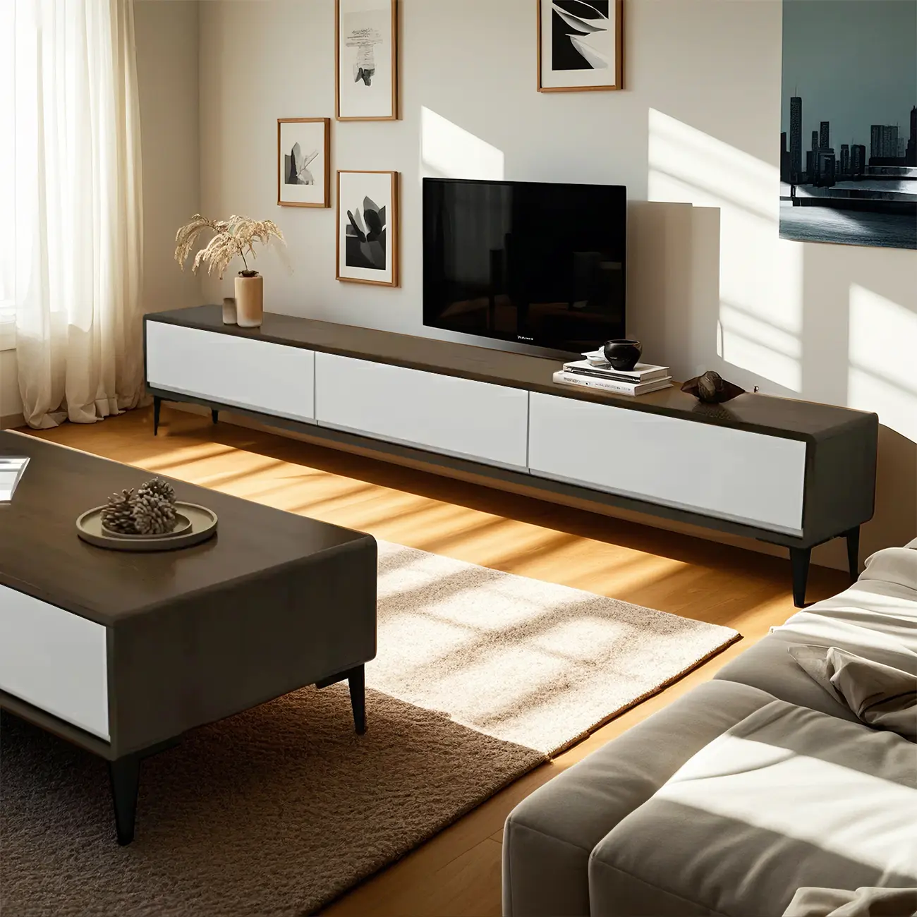 63 Modern Brown Rectangle 3-Drawer Pine Wood TV Stand