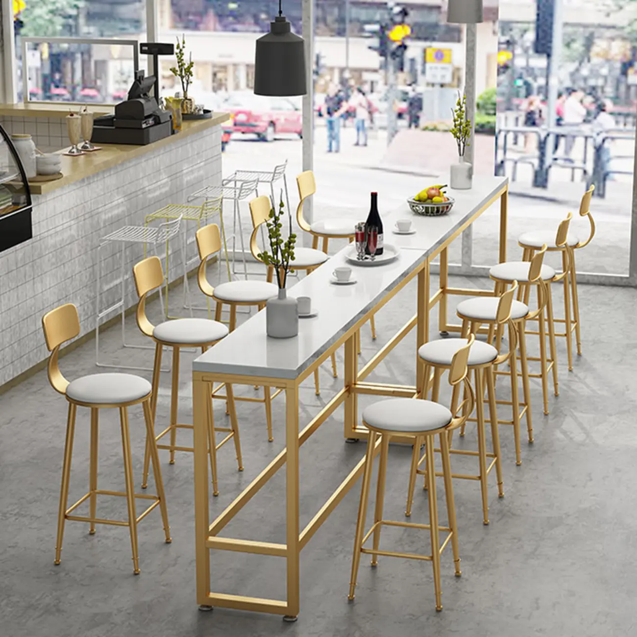 Modern Rectangle Marble Top Bar Table Gold Base with Footrest