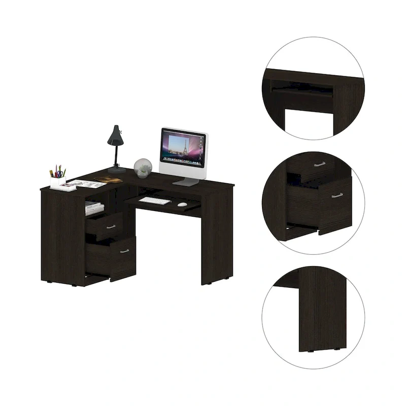 TUHOME Mix L-Shaped Desk with Open Shelving, 2 Drawers, and a Retractable Keyboard